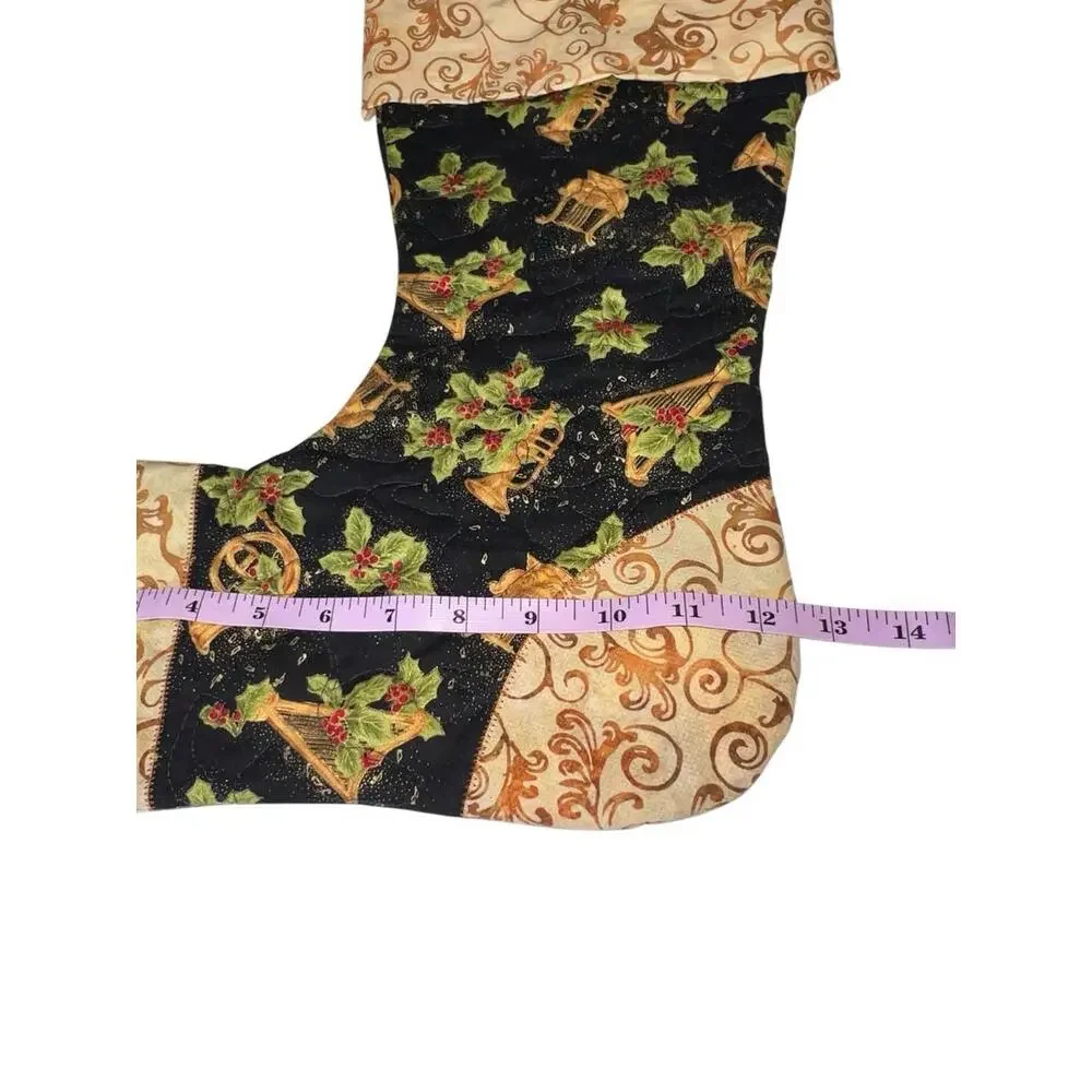 Handmade Quilted Christmas Stocking Holly Horns Gold‎ Swirl Patchwork 16